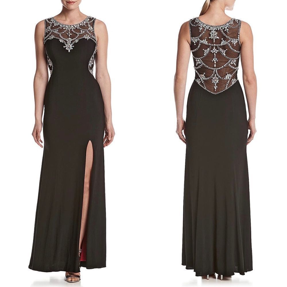 Betsy & Adam Womens Beaded Illusion Front and Back Gown